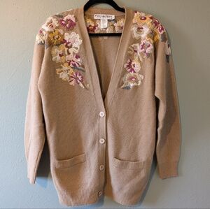 Vintage Lambswool/Angora Floral Embroidered  Long Line Tan Cardigan Size S